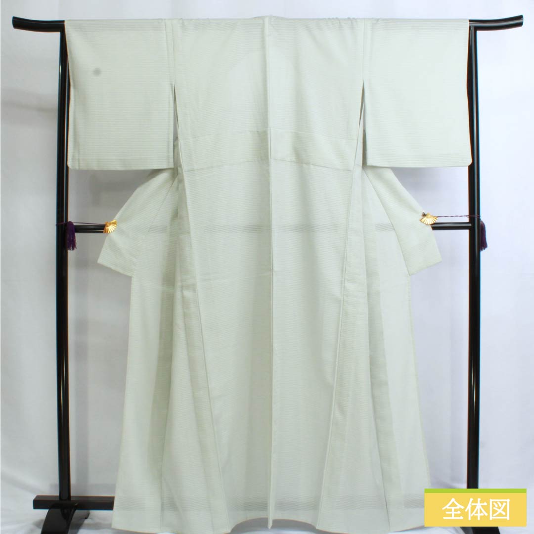 夏物 ポリエステル 色無地 Aランク 身丈163cm 裄丈66cm 青白磁色（せいはくじいろ） 一つ紋 五三桐 洗える着物 絽 緑系 1132002903419