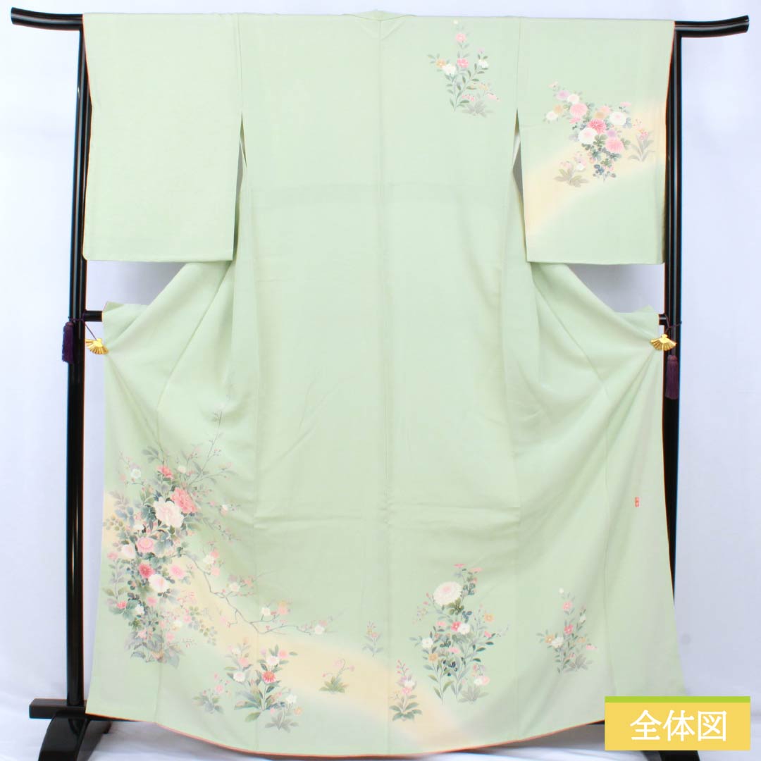 リサイクル着物】訪問着 正絹 Bランク 袷 身丈165cm 裄丈65.5cm 薄緑色