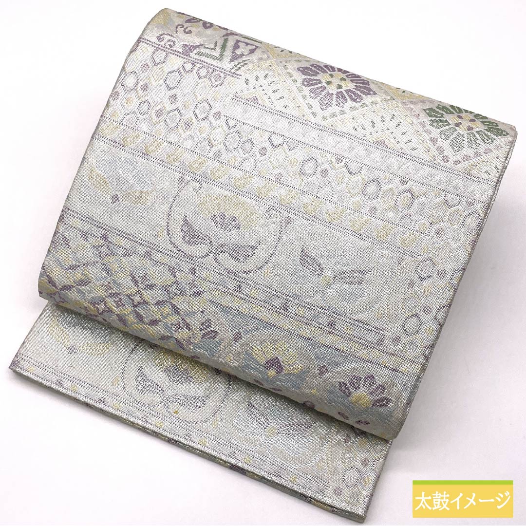 Formal, pure silk obi for formal kimono (tomesode) with a Hanabishi (diamond) pattern, tortoiseshell (tortoiseshell) and abstract floral design, 420cm long, S rank, six-fold, silver finish, product number 1123014492322
