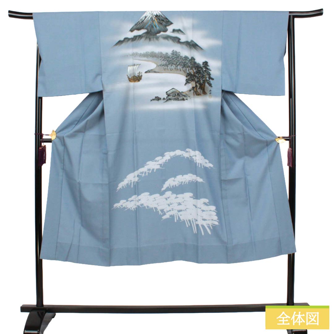 メンズ襦袢 ポリエステル Sランク 身丈137.5cm 裄丈68cm 朧花色（おぼろはないろ） 風景画 単衣 青系 1140000922317