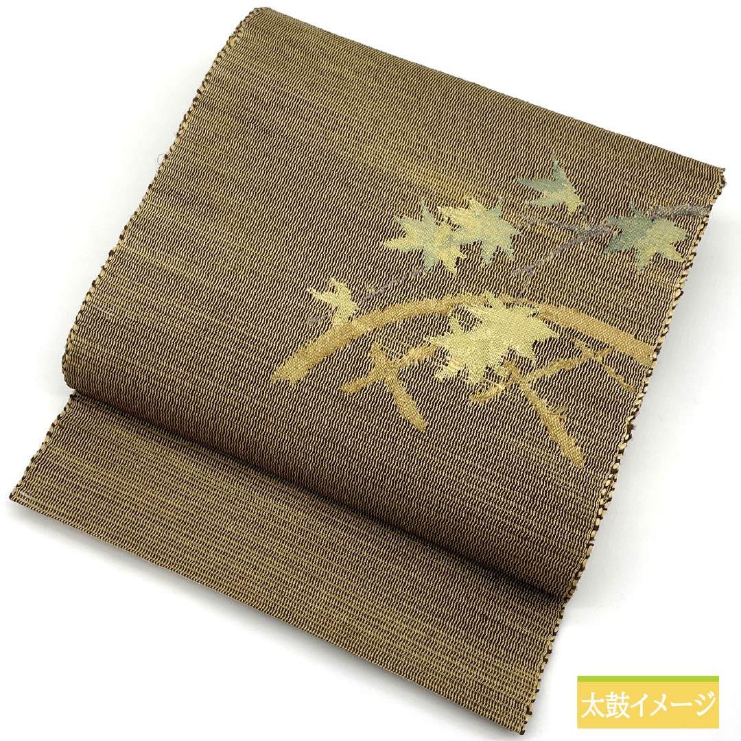 名古屋帯 正絹 藁色（わらいろ） 夏帯 紅葉 楓 帯丈355cm Sランク ポイント柄 セミフォーマル ベージュ系 1124008192325 松葉仕立て