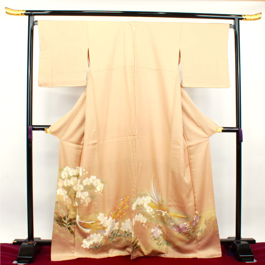 Colored Tomesode, Length 164.5cm, Sleeve Length 69cm, Lined, Walnut, Kyo-Yuzen, Peacock, Orchid, Three-Floor Diamond, Pure Silk, S Rank, One Crest, Beige, 1111001172425