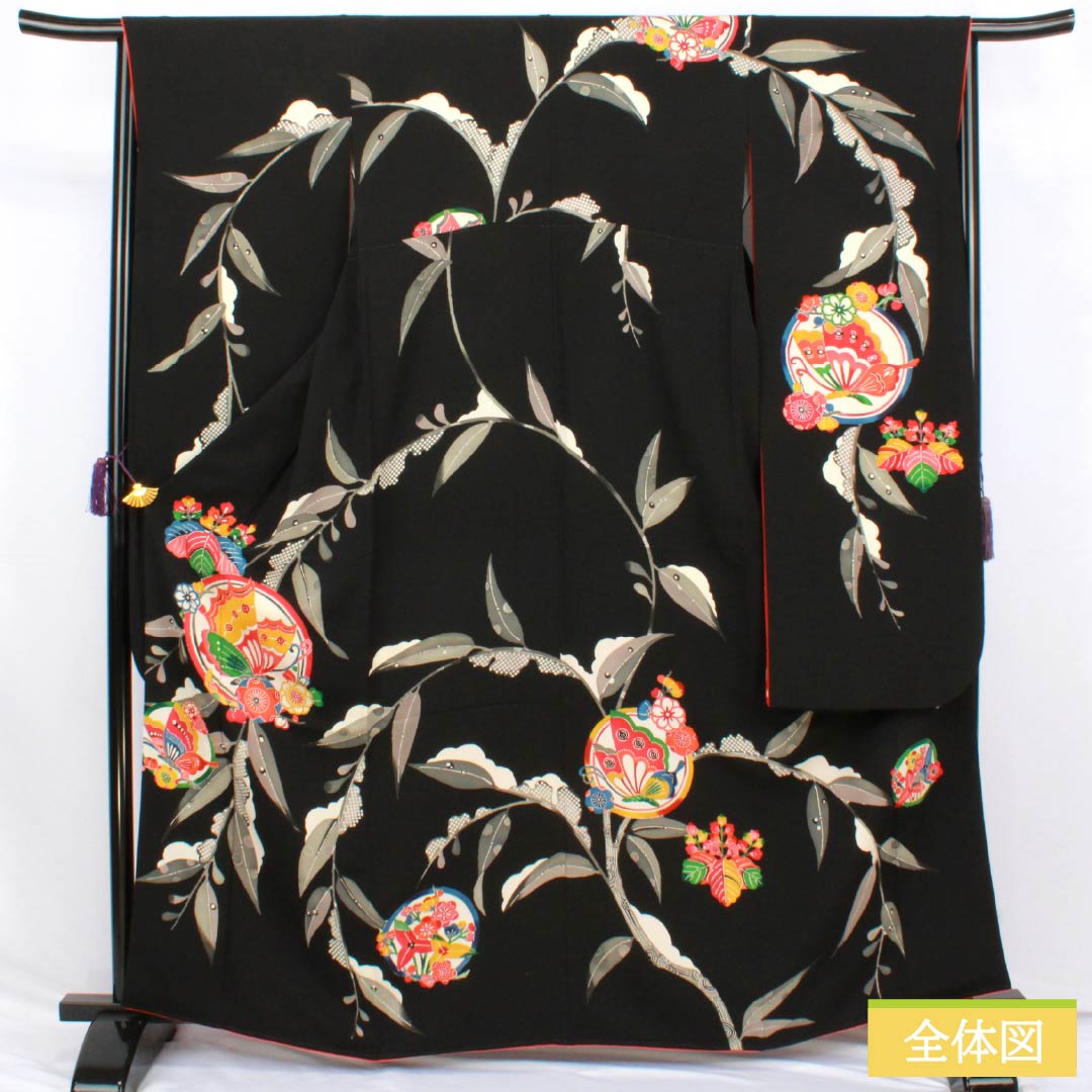 振袖 正絹 Sランク 身丈163.5cm 裄丈66cm 袷 黒色 京紅型 ちりめん地 丸紋 蝶 重ね衿付き 黒系 1113002862410