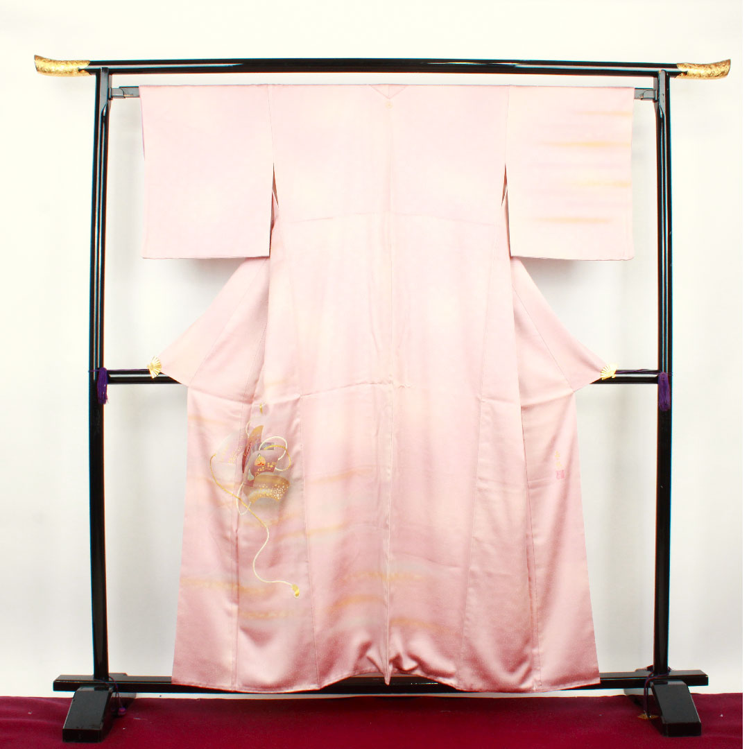 訪問着 袷 身丈157cm 裄丈64cm 退紅色 人間国宝 福田喜重 刺繍 人物模様 正絹 Sランク ピンク系 1112001892313