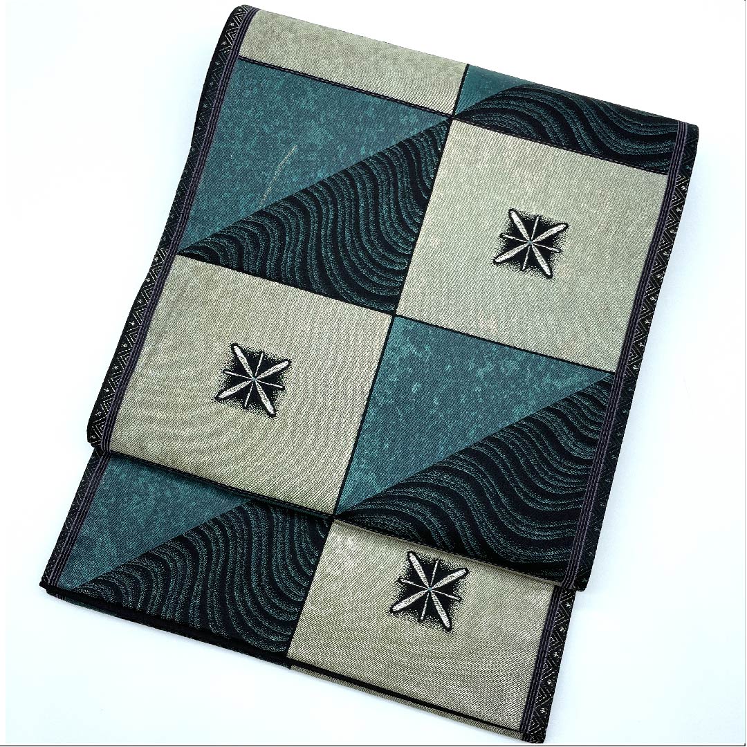 袋帯 深藍色（ふかきあいいろ） 市松模様 星 波 帯丈427cm 正絹 Aランク 六通 セミフォーマル 緑系 1123009003319