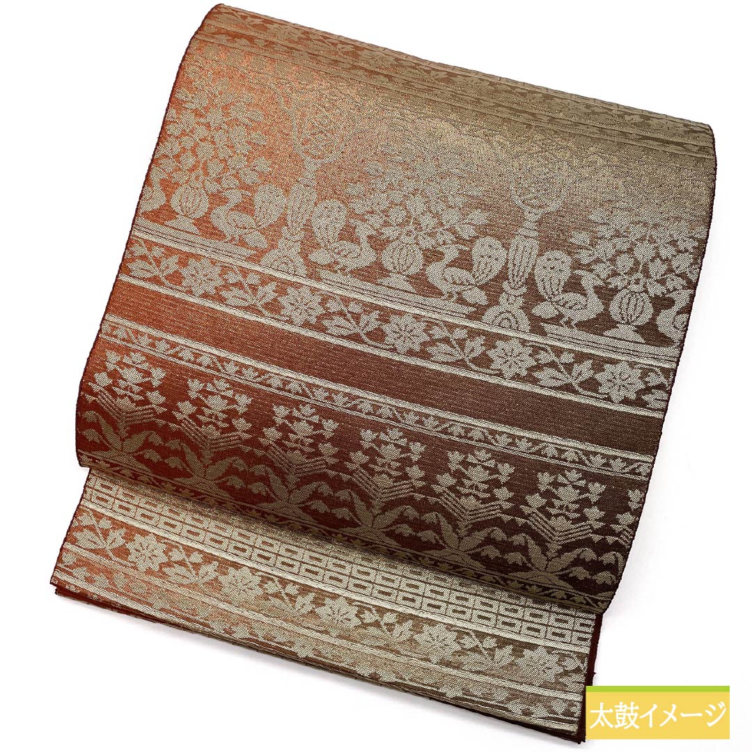 Nagoya obi, copper color (akaganeiro), Inca bird, obi length 360cm, pure silk, S rank, six-pass, casual, brown, 1124007432314, open style