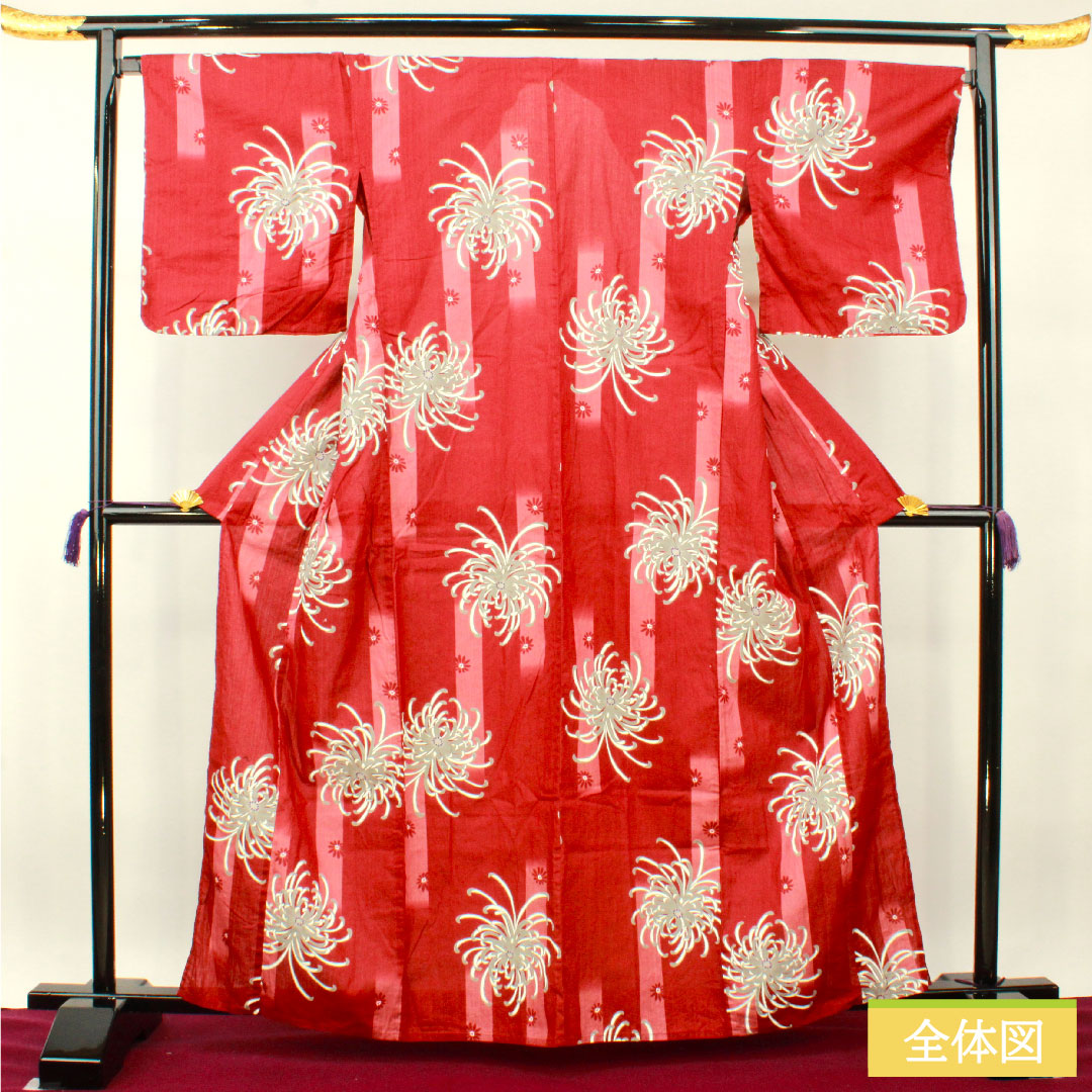 浴衣 木綿 身丈163.5cm 裄丈69.5cm Sランク 単衣 赤系 真紅色（しんくいろ） 菊 1118005132412