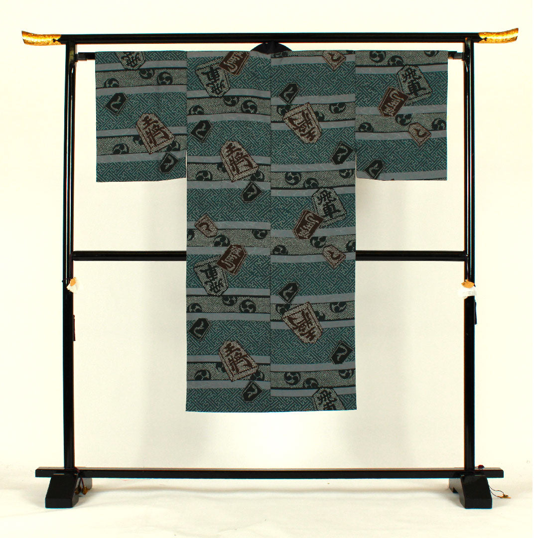 長襦袢 ポリエステル 身丈134cm 裄丈66cm 単衣 男物 将棋の駒 Sランク 青系 1129000062417