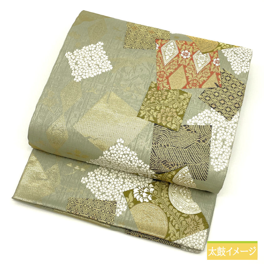 袋帯 正絹 Sランク 西陣織 色紙取り    帯丈434cm 六通 セミフォーマル 緑系 1123017052319