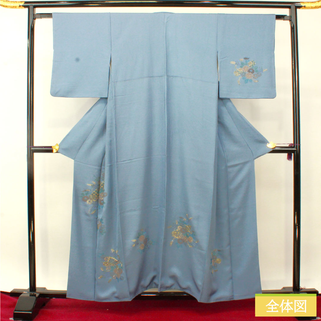 訪問着 正絹 袷 身丈158cm 裄丈63cm 薄花色（うすはないろ） 刺繍 草花模様 Aランク 青系 1112004693317