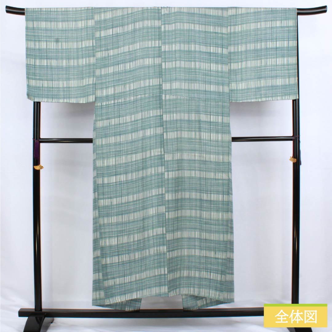 男物長襦袢 正絹 Sランク 身丈151cm 裄丈69cm 藍砥茶色（あいとのちゃいろ） チェック柄 単衣 水色系 1140000632524