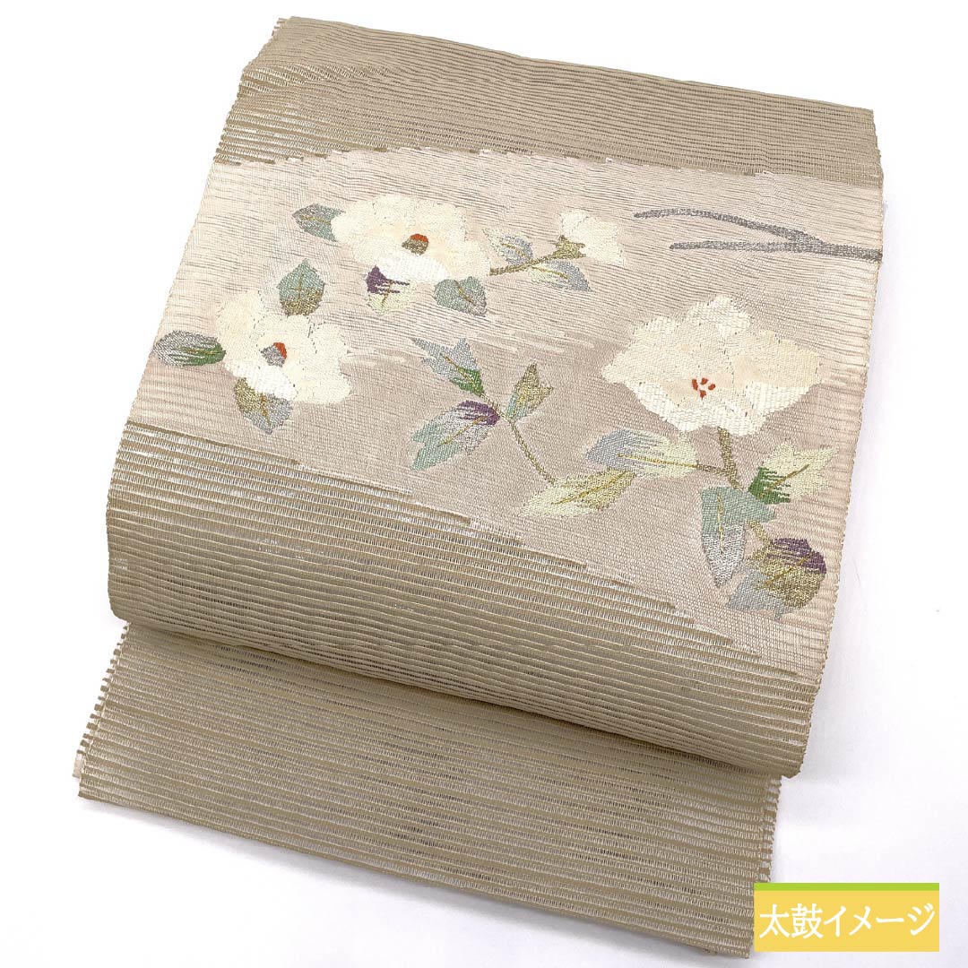 名古屋帯 正絹 亜麻色（あまいろ） 夏帯 すくい織 夏椿 帯丈362cm Sランク ポイント柄 セミフォーマル ベージュ系 1124008702325 松葉仕立て