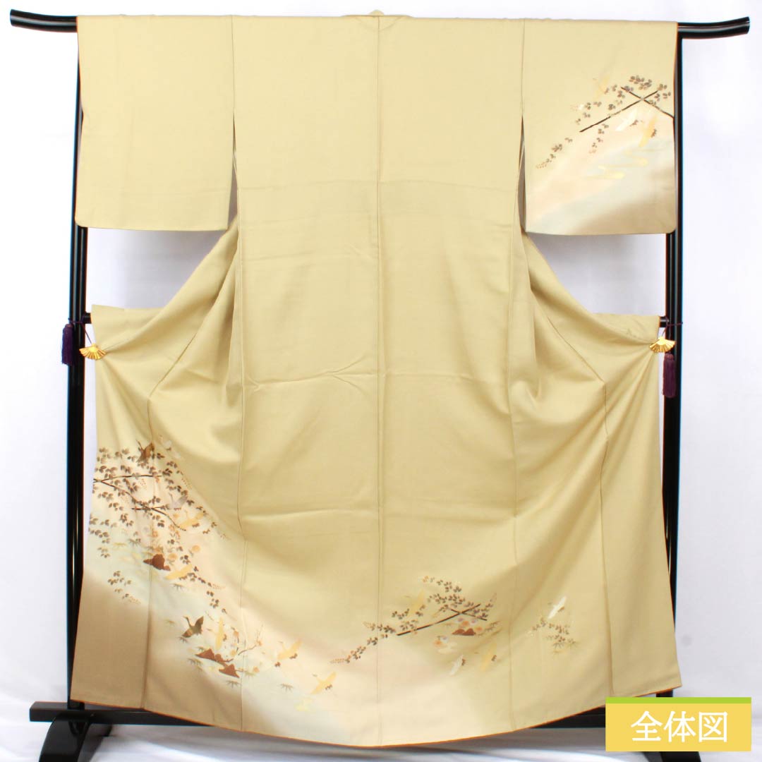 訪問着 正絹 Bランク 袷 身丈165.5cm 裄丈67cm 淡黄蘗色（うすきはだいろ） 金彩 流水 鶴 黄系 1112006904523