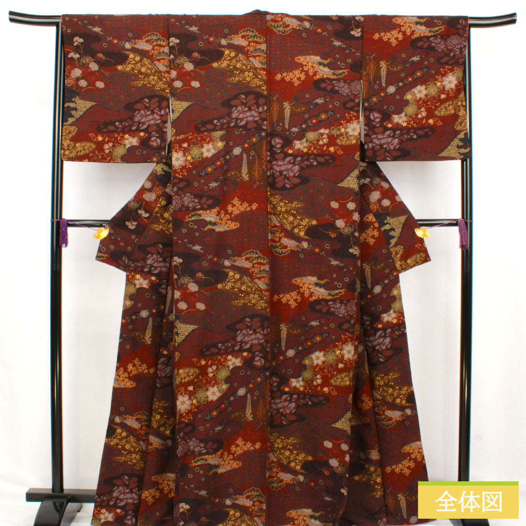 小紋 正絹 Sランク 身丈164.5cm 裄丈64.5cm 袷 小豆茶色（あずきちゃいろ） 辻ヶ花 ザ・スーパーシルク スコッチガード加工  茶系 1115007632414