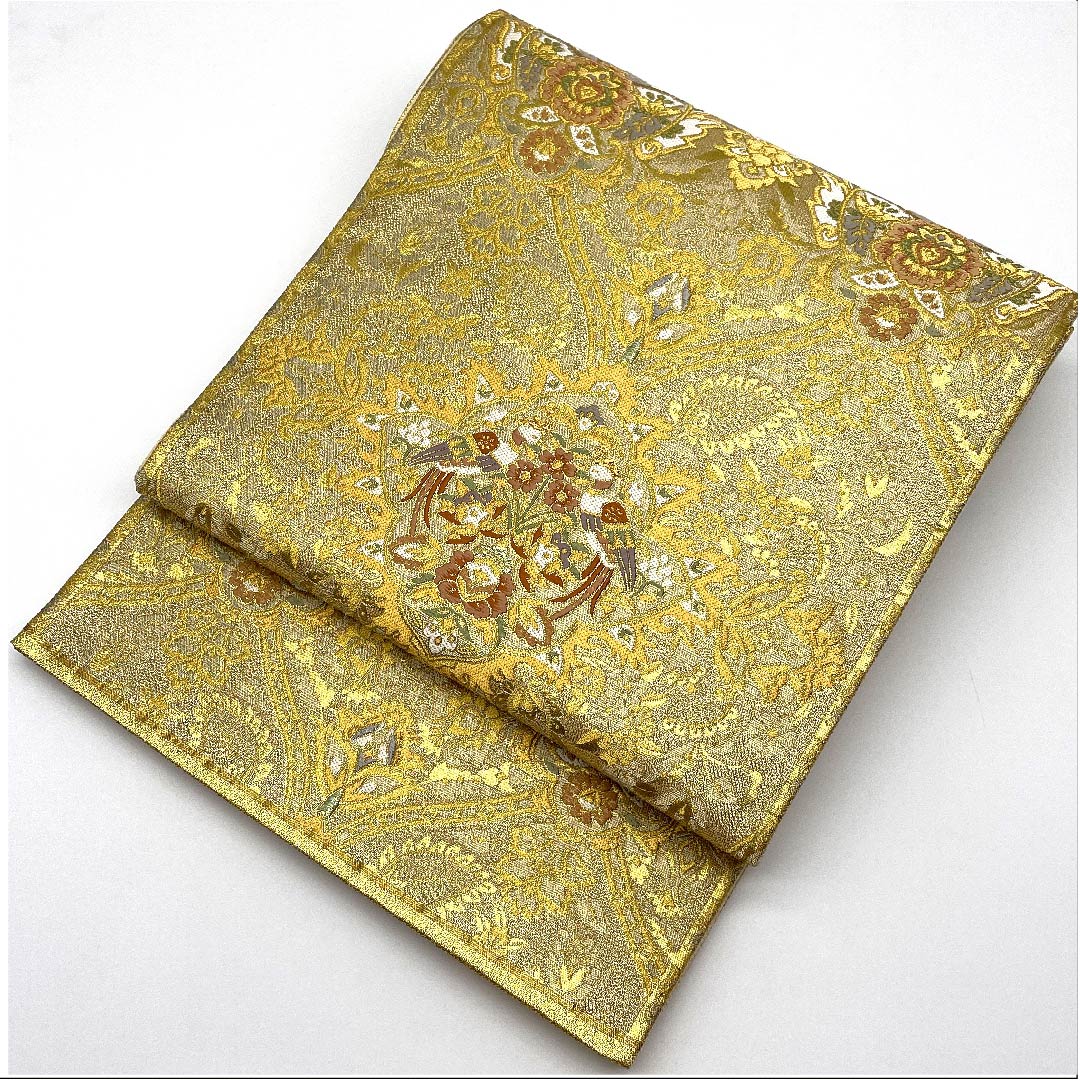 袋帯 金色 向かい鳳凰 花模様 帯丈430cm 正絹 Sランク 六通 フォーマル 金系 1123008112321