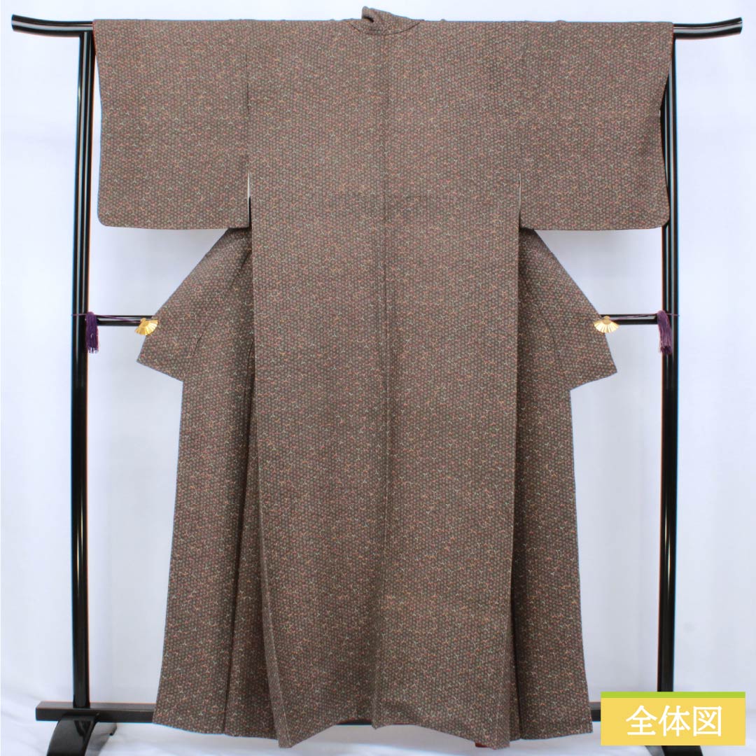 Komon silk kimono, S rank, length 159cm, sleeve length 66cm, lined, chestnut-colored crepe fabric with small flowers and brown accents, product number 1115007412314