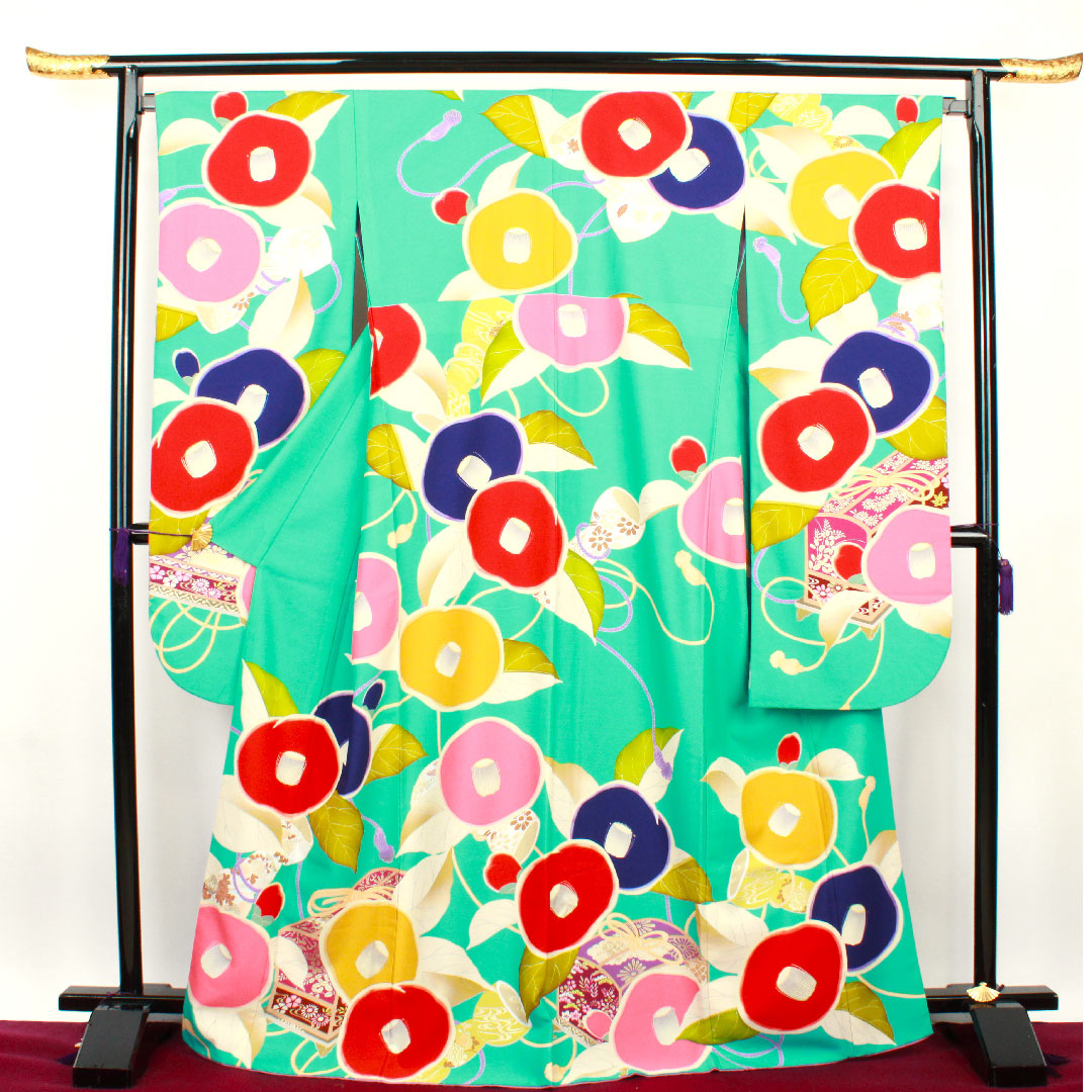 振袖 身丈176cm 裄丈70cm 袷  花緑青色 洗える着物 椿  ポリ Sランク 青系 1113001402817