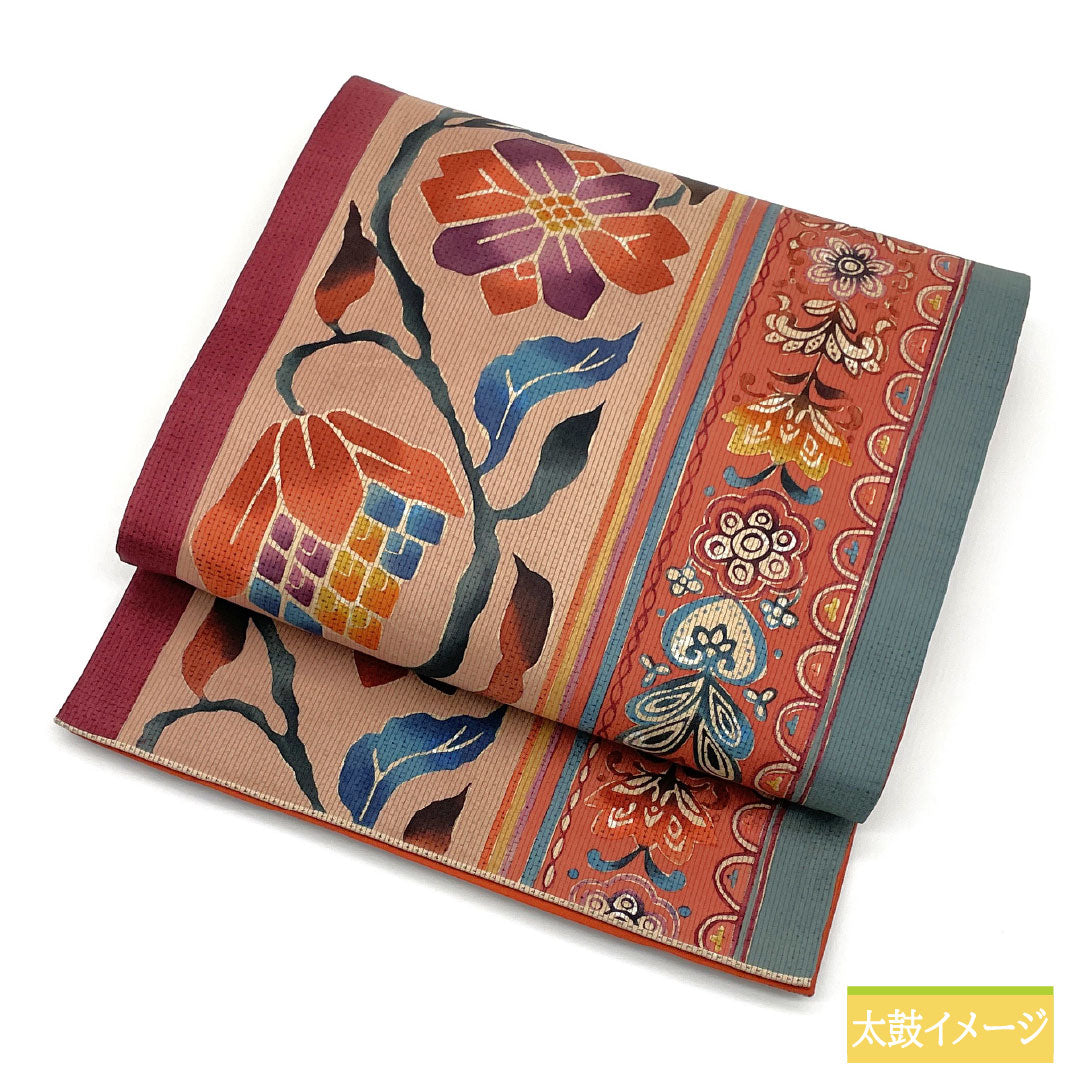 袋帯 正絹 Sランク 染め帯 大島紬地 作家物 更紗模様 帯丈424cm 全通 カジュアル グラデーション系 1123016382399