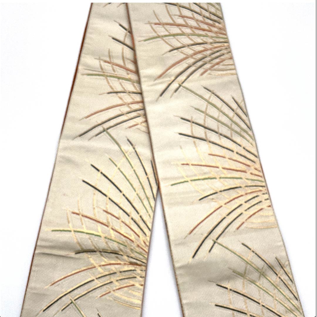 （未仕立）半幅帯 ポリエステル 白土色（しらつちいろ） 幾何学模様 帯丈348cm クリーム系 Sランク 1125001032315