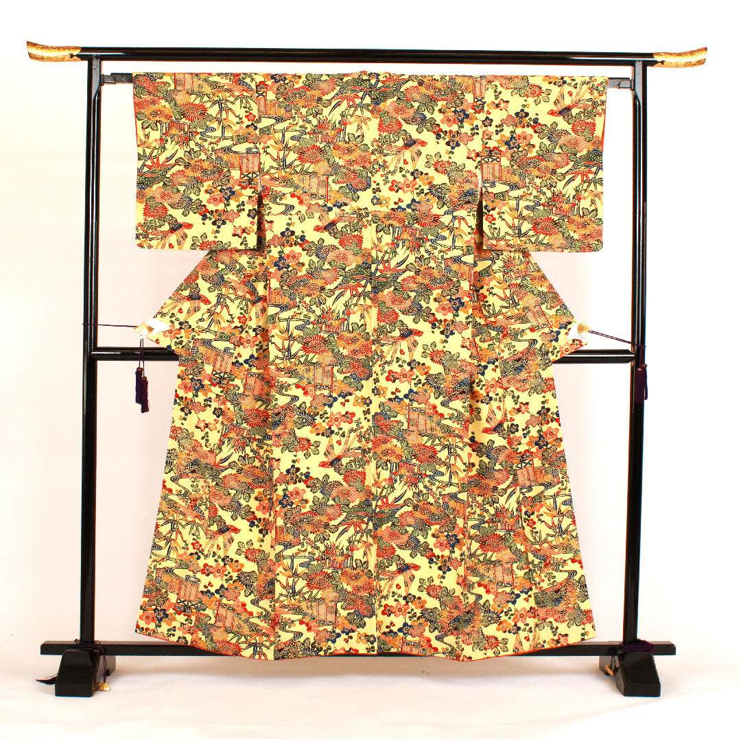 小紋 身丈158cm 裄丈65cm 袷  型染 紬地  正絹 Sランク 黄系 1115000502323