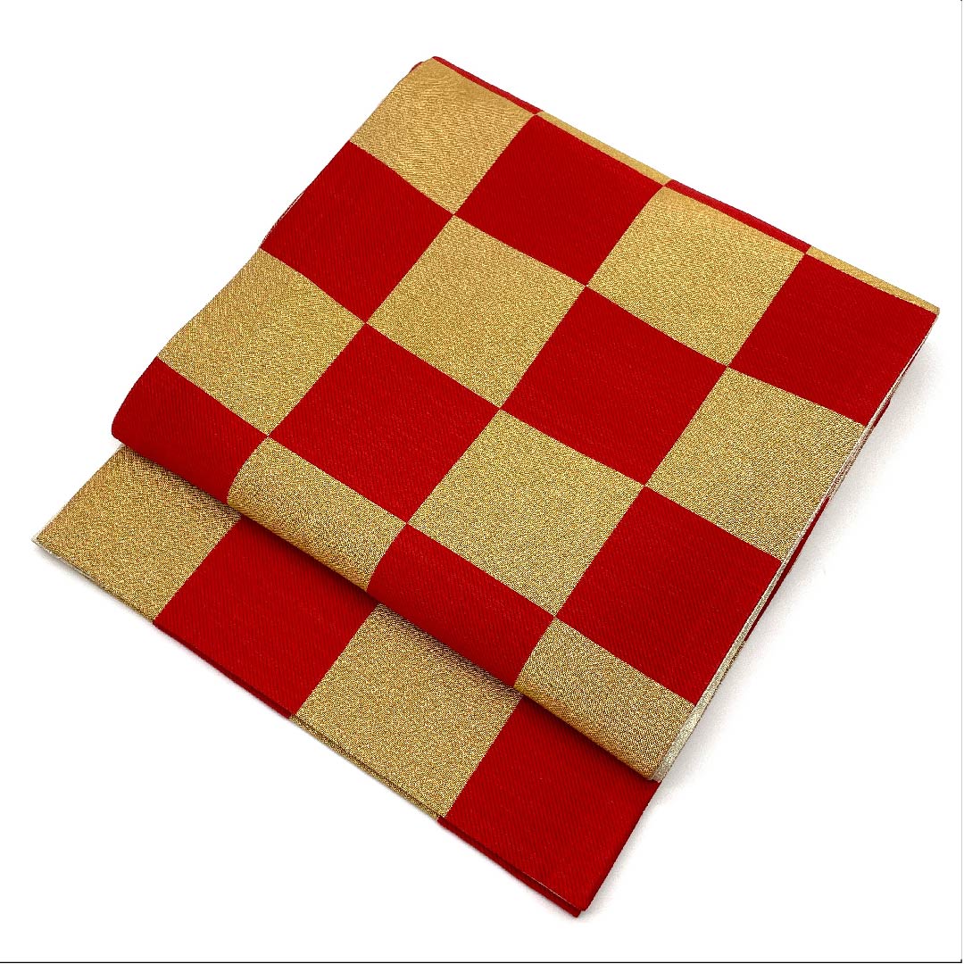 袋帯 金色 振袖用 市松 帯丈440cm 正絹 Sランク 六通 フォーマル 金系 1123006252321