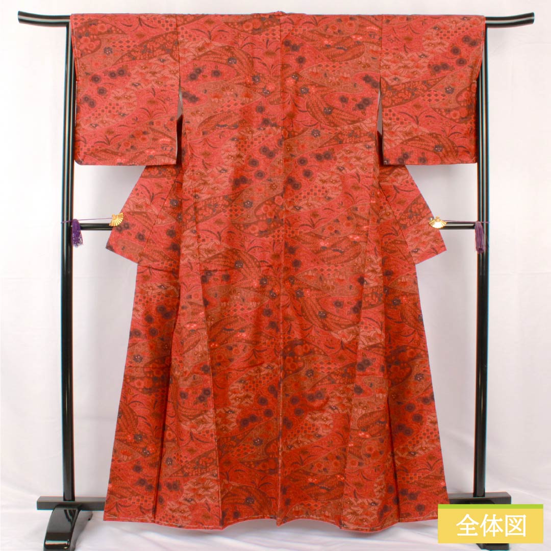 小紋 正絹 身丈161cm 裄丈67cm 袷 濃紅葉色（こいもみじいろ） 辻ヶ花 しつけ糸付き Sランク 朱系 1115005302416