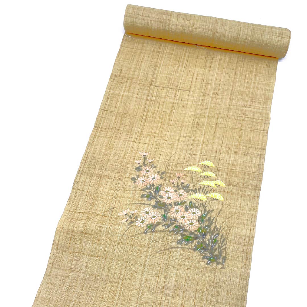 （未仕立）名古屋帯 東京白茶色（とうきょうしらちゃいろ） 夏帯 作家物 反物 帯丈481cm 麻 Sランク ポイント柄 カジュアル ベージュ系 1124008812425