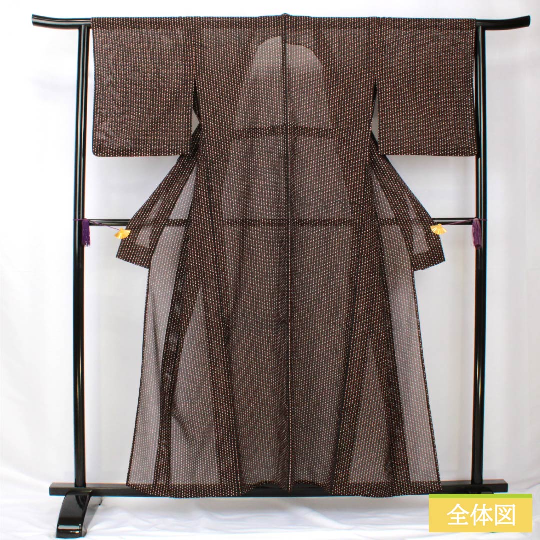 夏物 ポリエステル 小紋 身丈157cm 裄丈63.5cm ドット柄 洗える着物 絽 Aランク 黒系 1132002223310