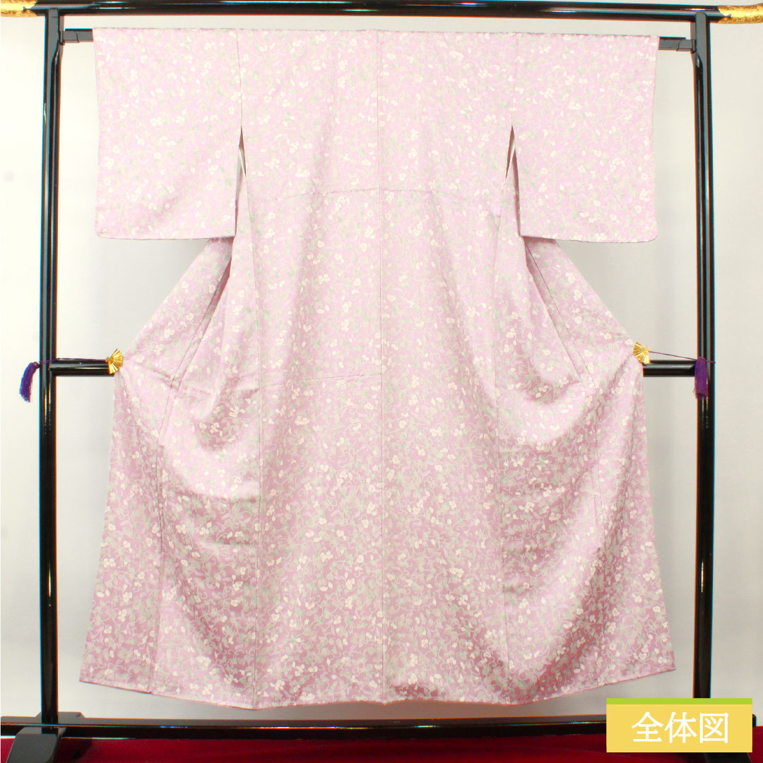 小紋 正絹 身丈153cm 裄丈63.5cm 袷 淡紅藤色（うすべにふじいろ） 草花模様 しつけ糸付き 未使用品 パールトーン加工 Sランク 紫系 1115004362220