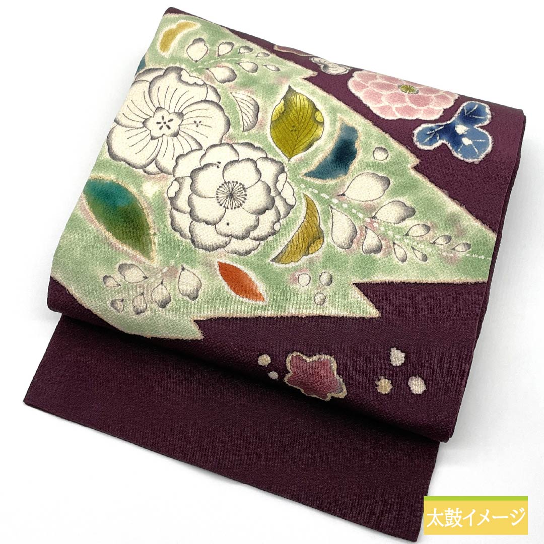 名古屋帯 蒲萄色（えびいろ） ちりめん地 辻ヶ花 帯丈371cm 正絹 Sランク ポイント柄 セミフォーマル 紫系 1124008082320 名古屋仕立て