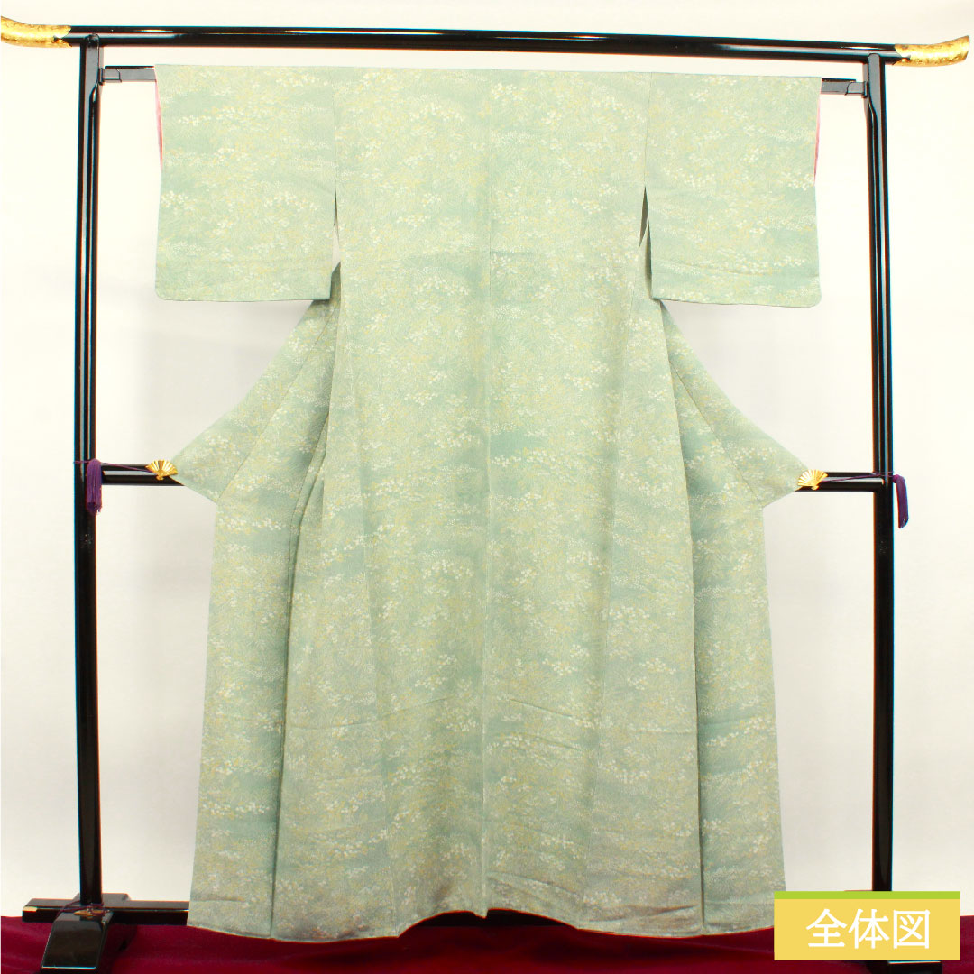 小紋 正絹 身丈158cm 裄丈61.5cm 袷  裏葉色 草花模様 しつけ糸付き 未使用品  Sランク 緑系 1115003612319