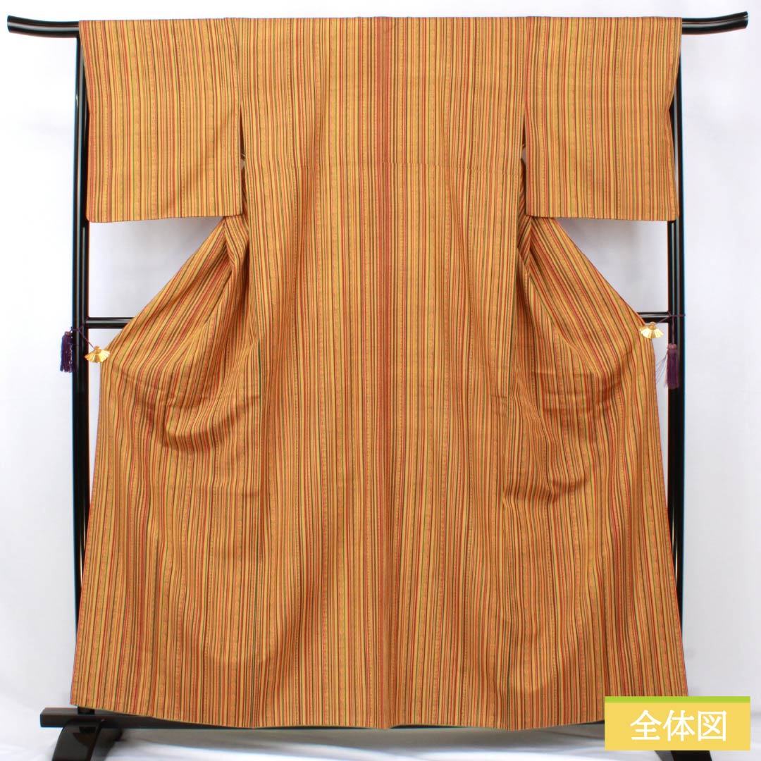 紬 正絹 Sランク 身丈162cm 裄丈66cm 楊梅色（やまももいろ） 型染 縞 袷 橙系 1116004492426