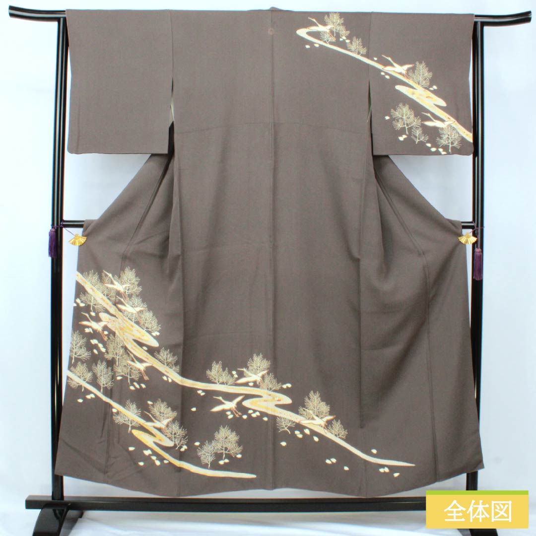 訪問着 正絹 Aランク 袷 身丈152cm 裄丈63.5cm 消炭色（けしずみいろ） 京友禅 一つ紋 陰上り藤 流水 鶴 グレー系 1112007203222