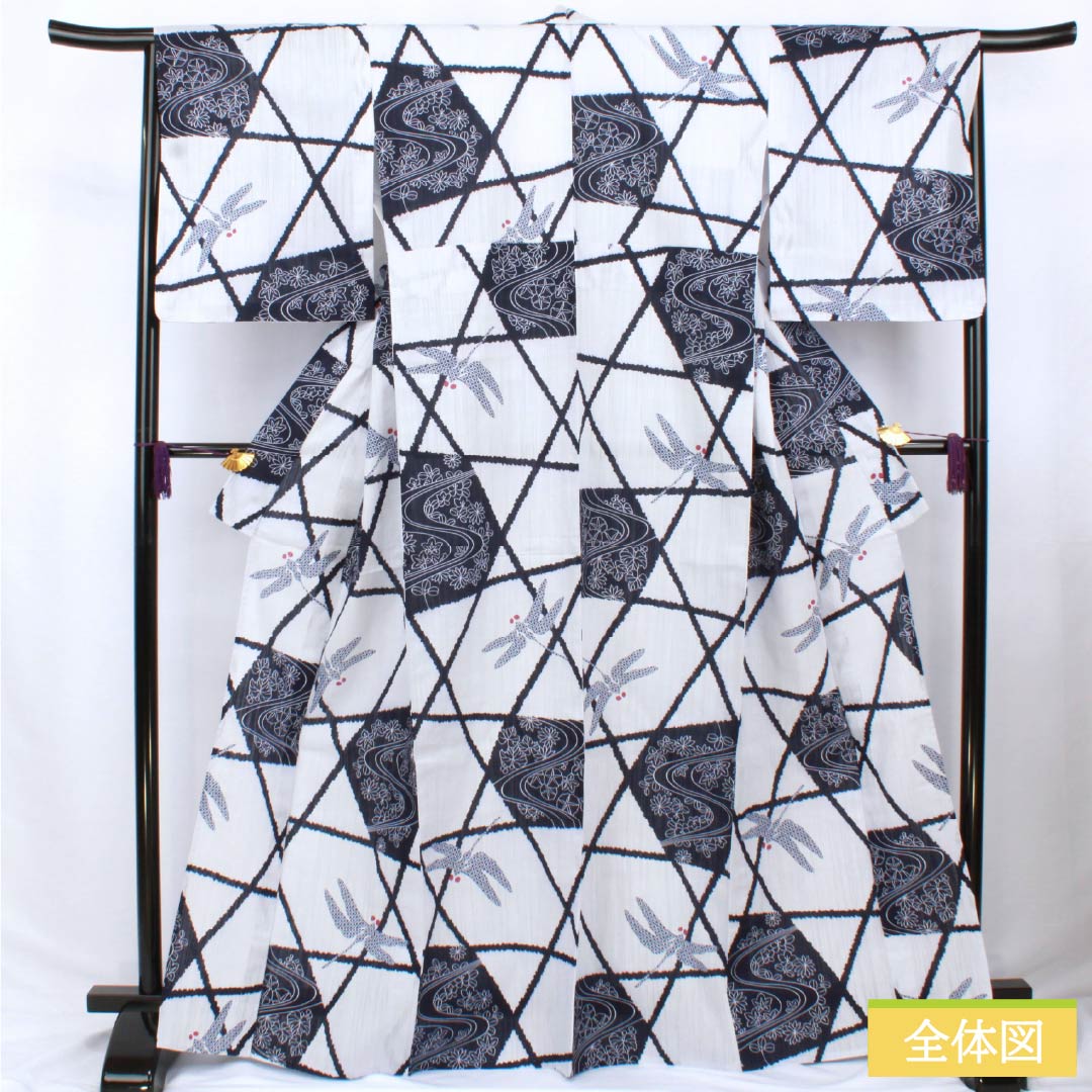 浴衣 木綿 身丈167.5cm 裄丈66cm Aランク 単衣 白系 月白色（げっぱくいろ） トンボ 割付文様 1118006363511