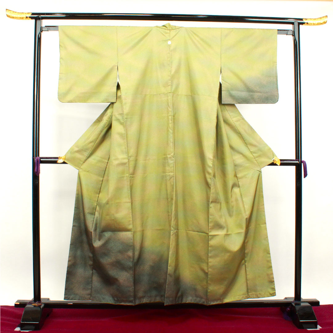 訪問着 正絹 袷 身丈156.5cm 裄丈62.5cm 利休色 紬地 ボカシ模様 剣片喰 Sランク 緑系 1112002852319