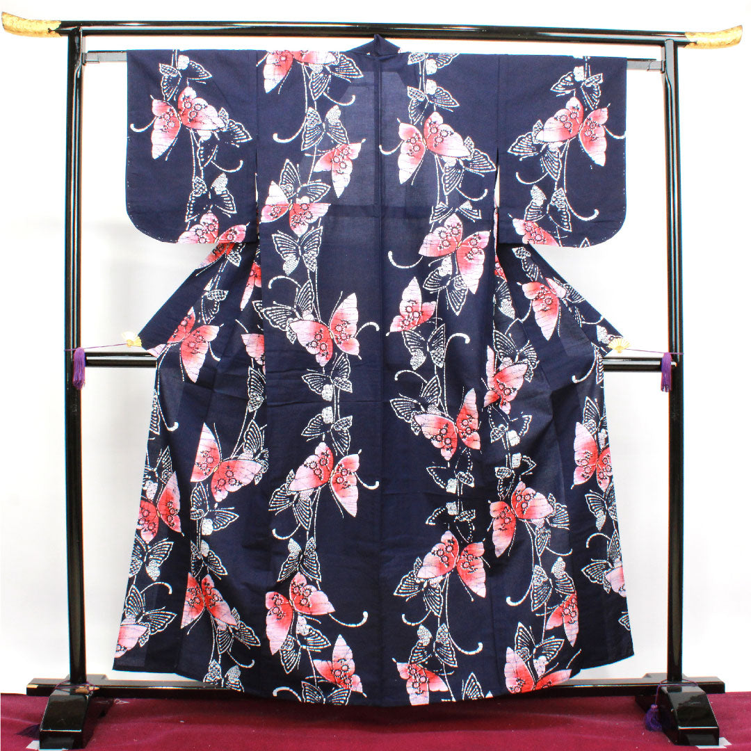 Yukata with basting thread, unused, dark navy blue, butterfly, cotton, S rank, single layer, length 160cm, sleeve length 62cm, navy blue, 1118002922418