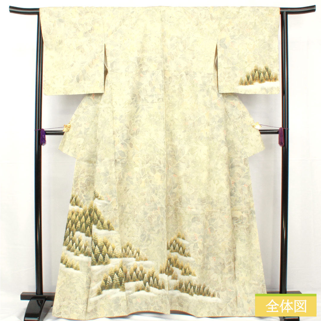 Homongi (formal kimono) made of pure silk, lined, length 163cm, sleeve length 65cm, steamed chestnut color, pongee fabric, landscape pattern, floral pattern, S rank, green, 1112005042419