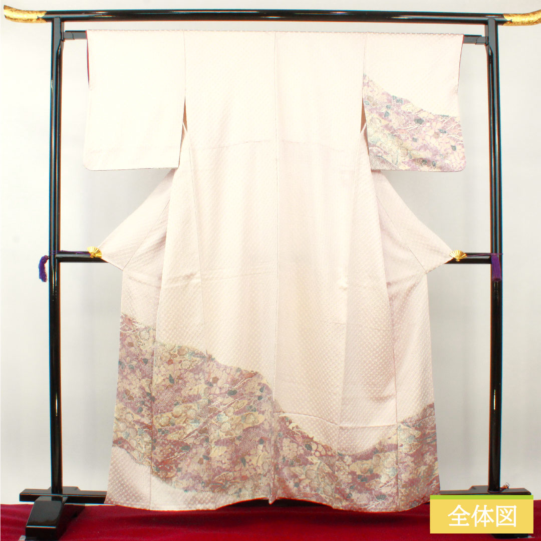 訪問着 正絹 袷 身丈159.5cm 裄丈63cm 桜色 絞り 辻ヶ花 Aランク 紫系 1112004113320