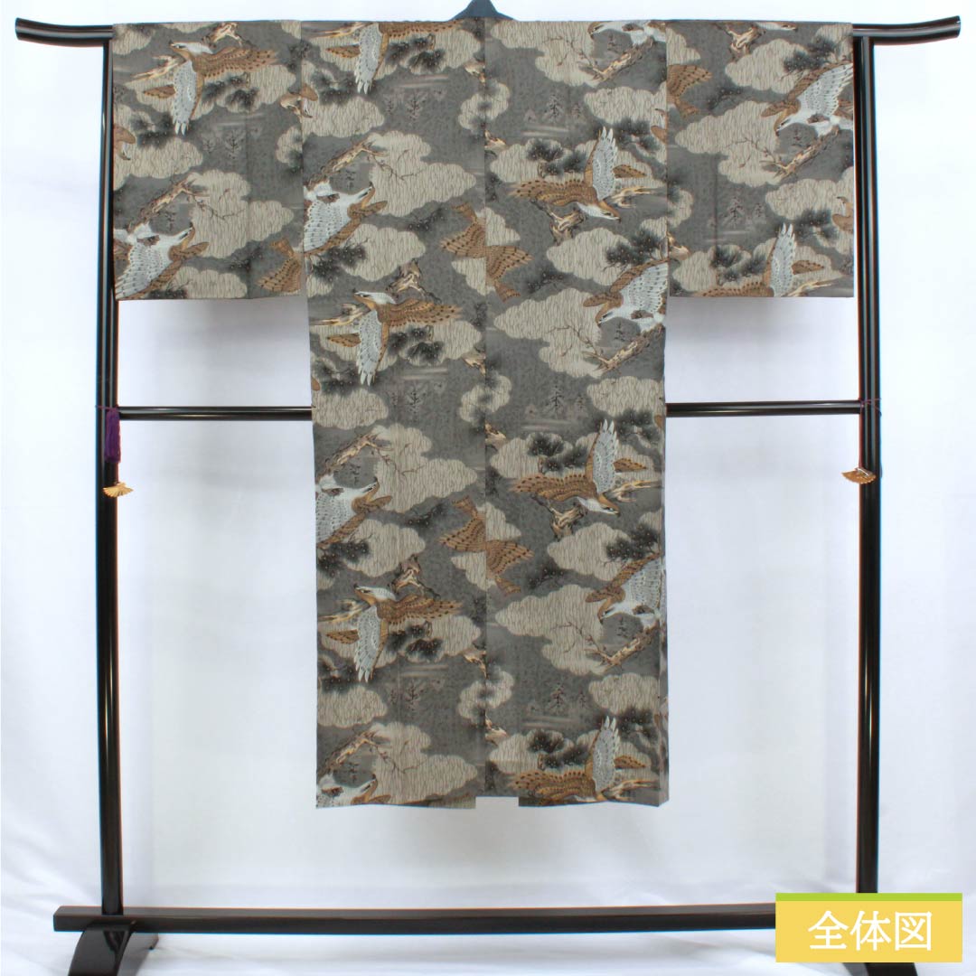 男物長襦袢 ウール Aランク 身丈131.5cm 裄丈65cm 藍銀煤竹色（あいぎんすすたけいろ） 松 鷲 単衣 グレー系 1140000753322