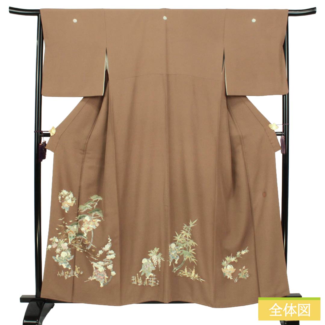 色留袖 正絹 Bランク 身丈158cm 裄丈66cm 袷 光悦茶色（こうえつちゃいろ） 京友禅 童 松竹梅 三つ紋 揚羽蝶 比翼付き 三つ紋 茶系 1111002174314