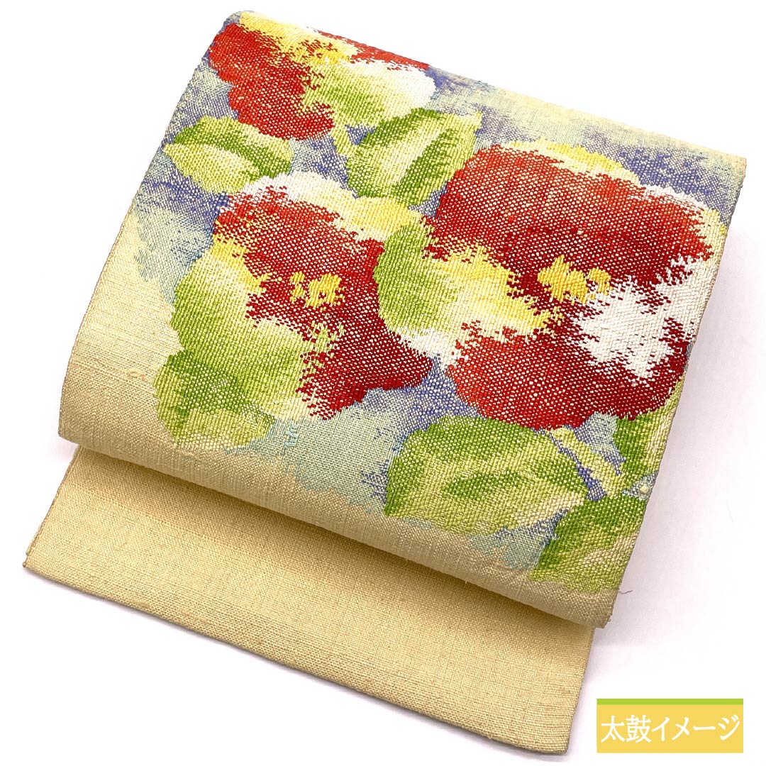 名古屋帯 魚子黄色（ぎょしこういろ） 紬地 花模様 帯丈359cm 正絹 Sランク ポイント柄 カジュアル 黄系 1124008182323 松葉仕立て