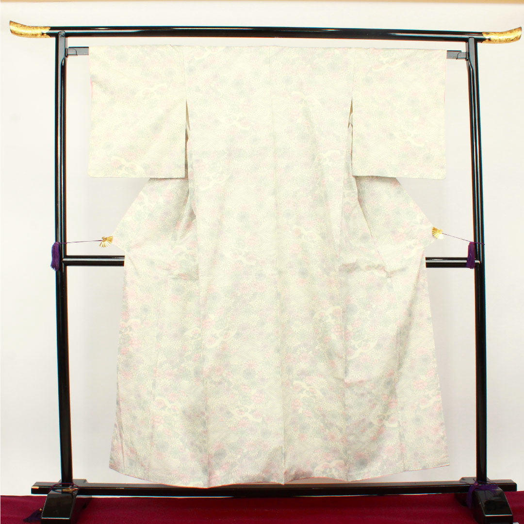 紬 身丈153cm 裄丈62.5cm 草花模様 ポリ Aランク 袷 白系 1116002143211