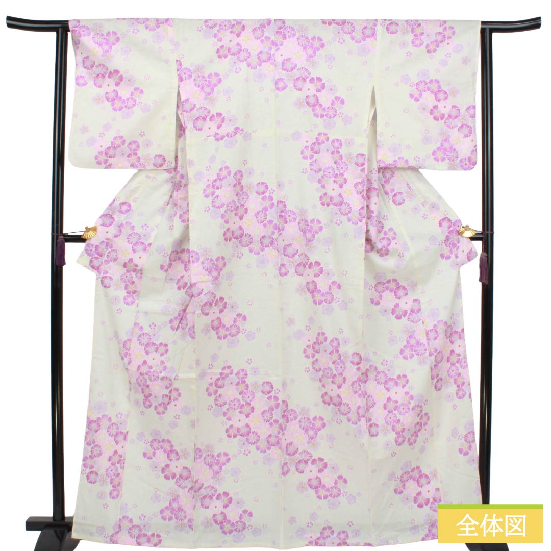 浴衣 木綿 Aランク 身丈164.5cm 裄丈63cm 桜 菊 単衣 白系 1118007513411