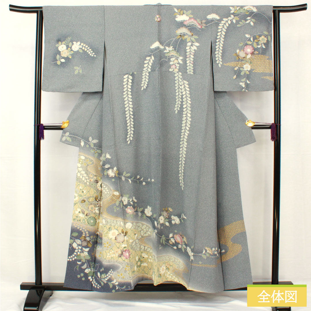 訪問着 正絹 袷 身丈155cm 裄丈63.5cm 青袋鼠色（せいたいねずいろ） 辻ヶ花 タタキ染 一つ紋 花紋 Sランク グレー系 1112005142322