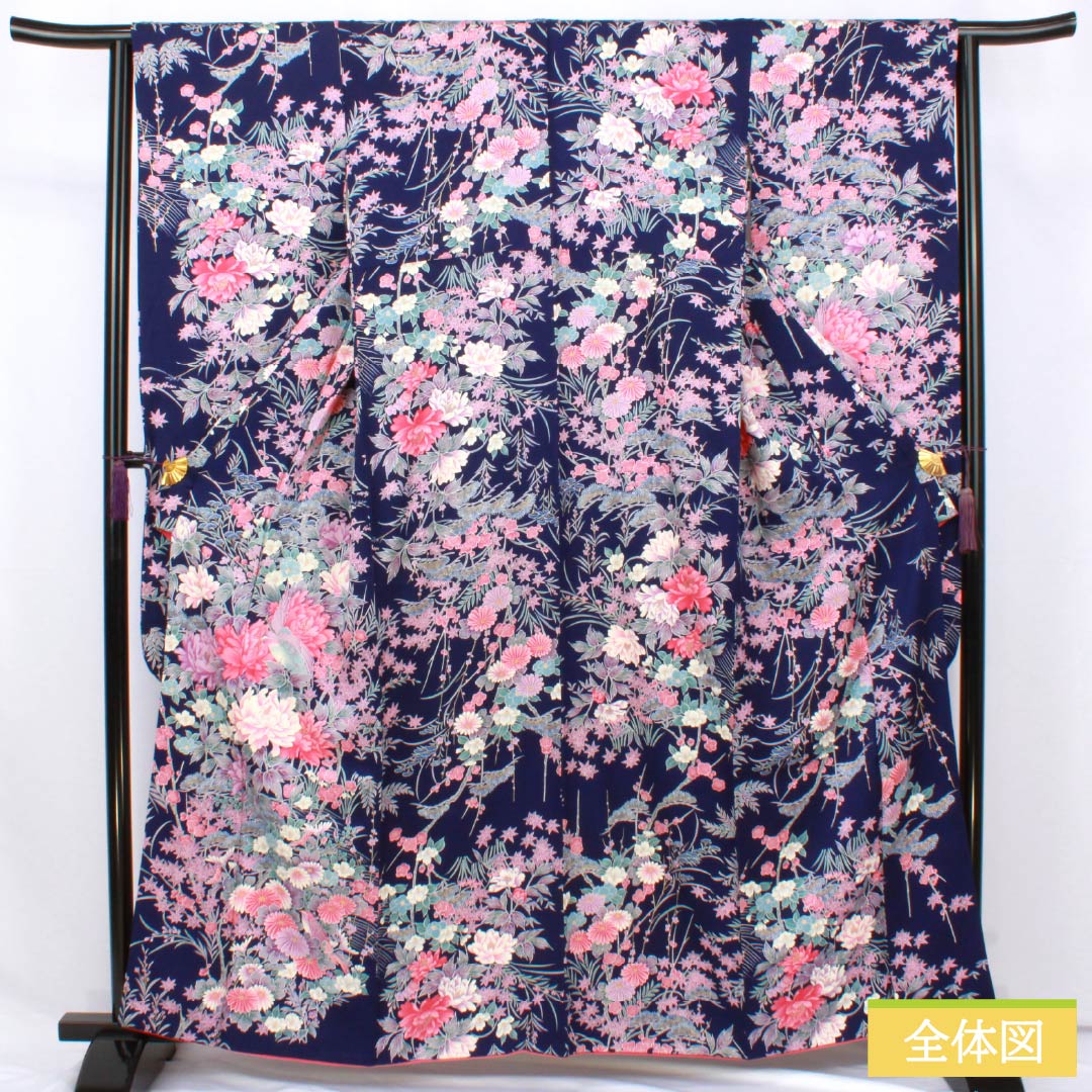 Pure silk furisode (long-sleeved kimono) - Grade A, length 159cm, sleeve length 63cm, lined, in navy blue with bellflower and plum blossom motifs in Kyoto Yuzen. Product code: 1113002623318