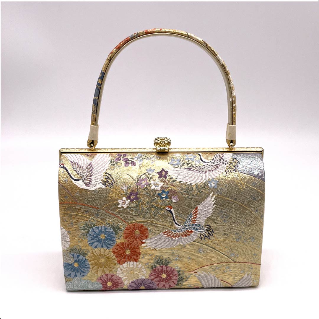 和装用バッグ 金色と銀色の花柄 着物 絹 シルクガード 未使用