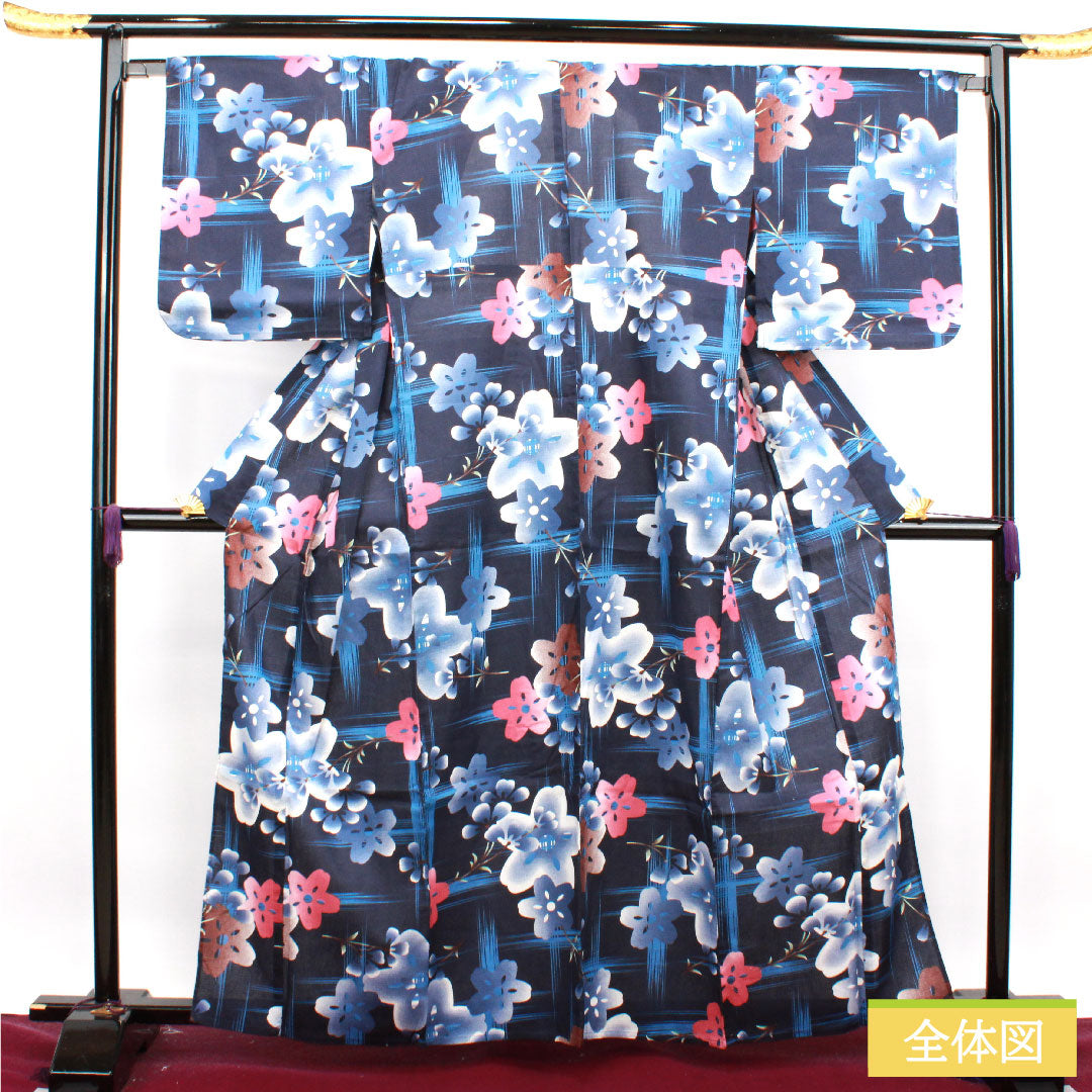Yukata Cotton Length 163.5cm Sleeve length 65.5cm S rank Single layer Navy Deep navy (noukon-iro) Cherry blossom 1118004852418