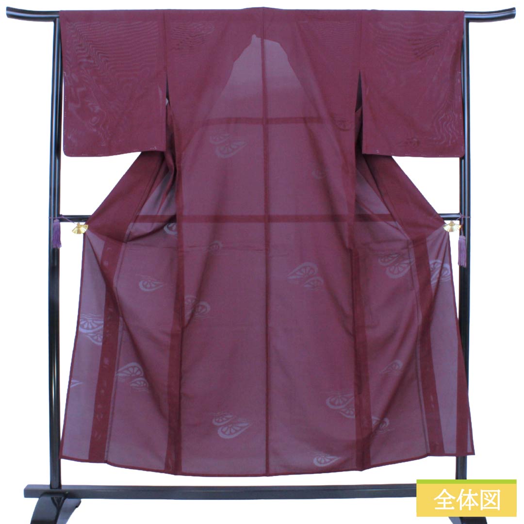 夏物 正絹 色無地 Aランク 身丈154.5cm 裄丈65.5cm 蒲萄色（えびいろ） 片輪車 紗 紫系 1132006493220