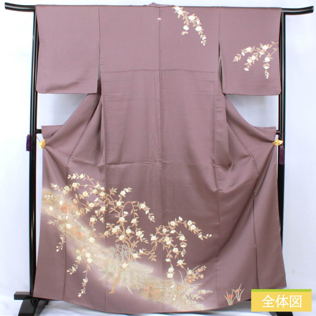 訪問着 正絹 Bランク 袷 身丈164cm 裄丈64.5cm 紅掛鼠色（べにかけねずいろ） 京友禅 一つ紋 草木 紫系 1112007044420