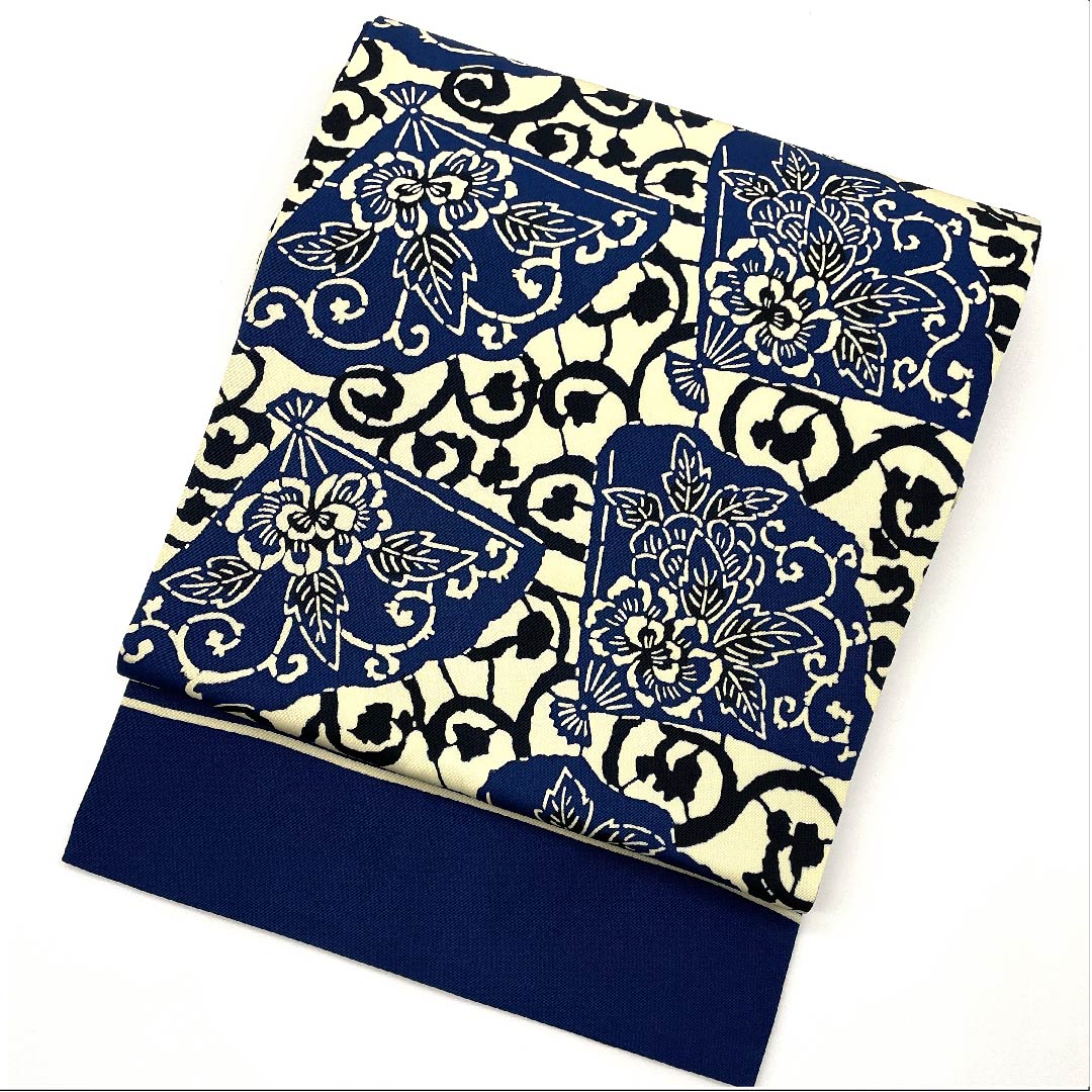 Nagoya obi, light egg-colored, stencil-dyed, fan and flower pattern, obi length 337cm, pure silk, S rank, full-length, casual, cream-colored, 1124005012315, Nagoya-made